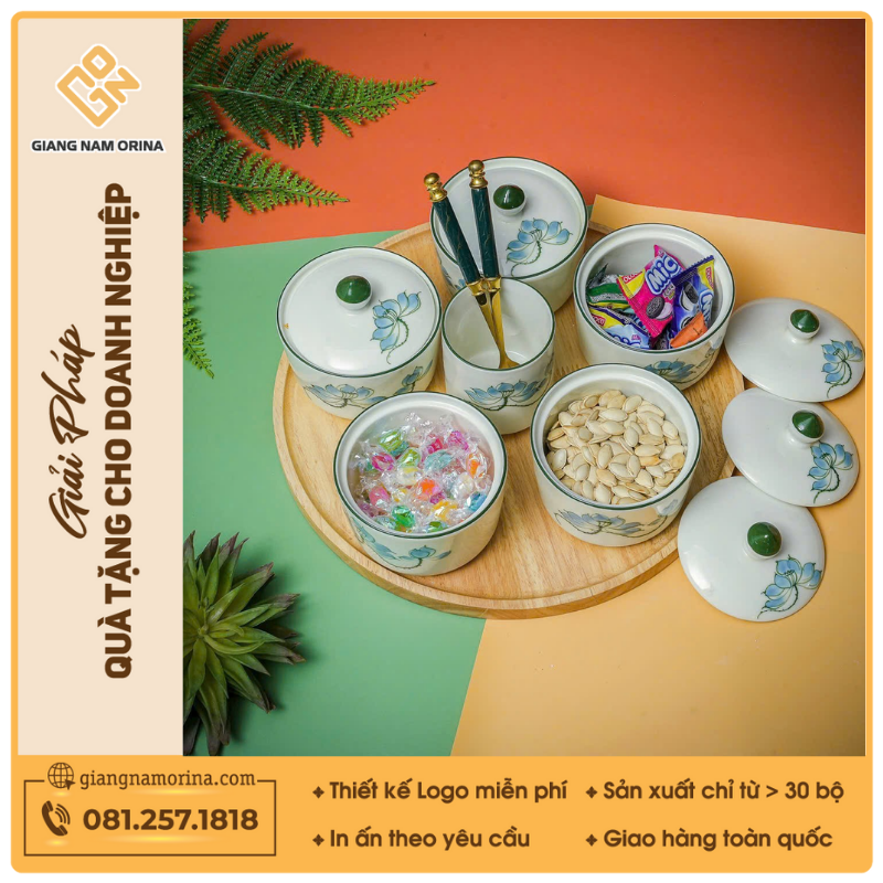 Khay mứt sứ 6 hủ họa tiết Sen Xanh 1 Khay mứt sứ 6 hủ họa tiết Sen Xanh