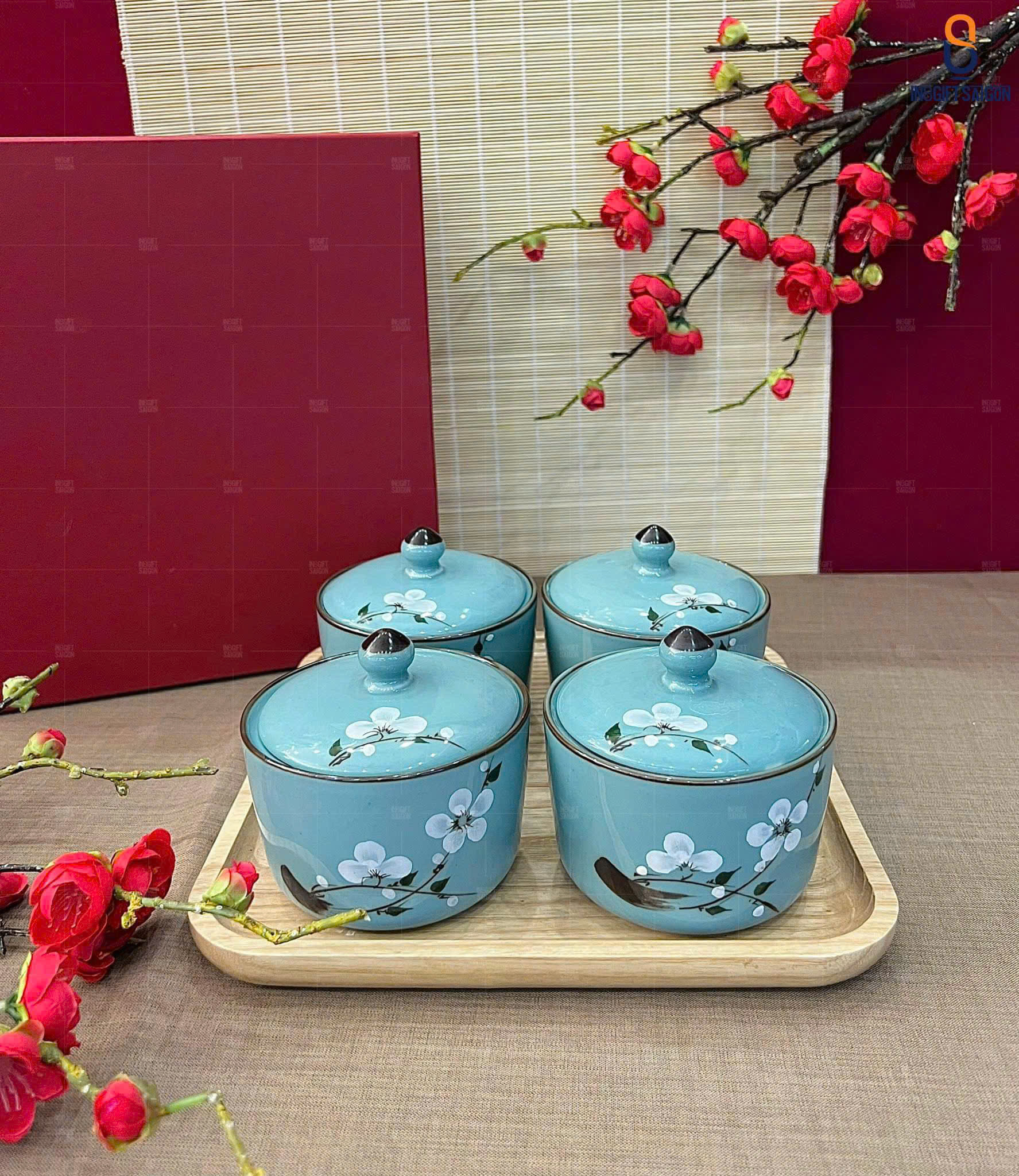 Khay Đựng Mứt Tết Bốn Ngăn Tròn Hoa Đào Xanh Khay Đựng Mứt Tết Bốn Ngăn Tròn Hoa Đào Xanh