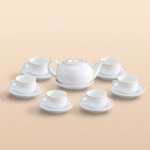 Bộ trà CK lõm men trắng kẻ chỉ vàng in logo