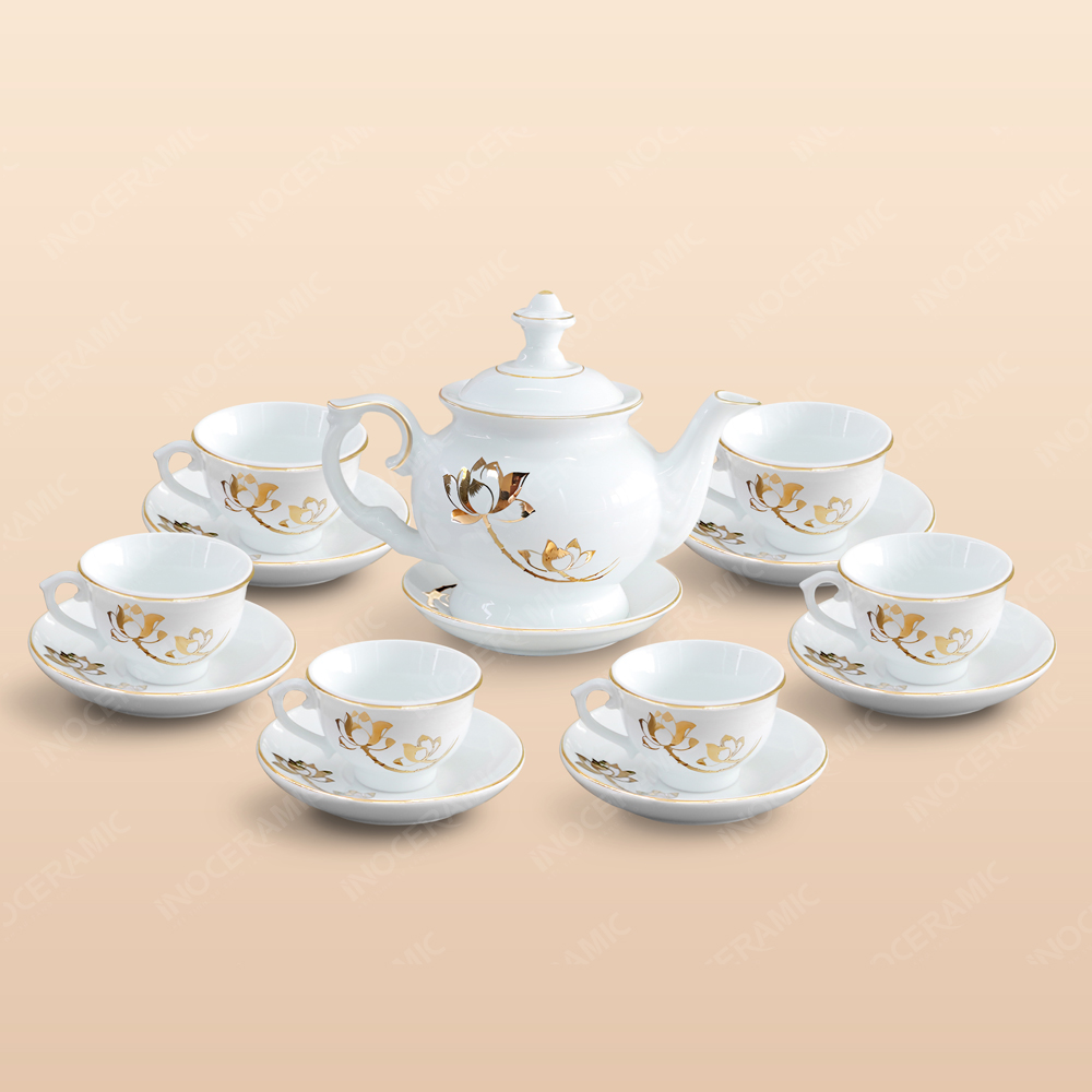 Bộ trà Đài Các sen vàng kẻ chỉ vàng - Mẫu 01 1 Bộ trà Đài Các sen vàng kẻ chỉ vàng - Mẫu 01