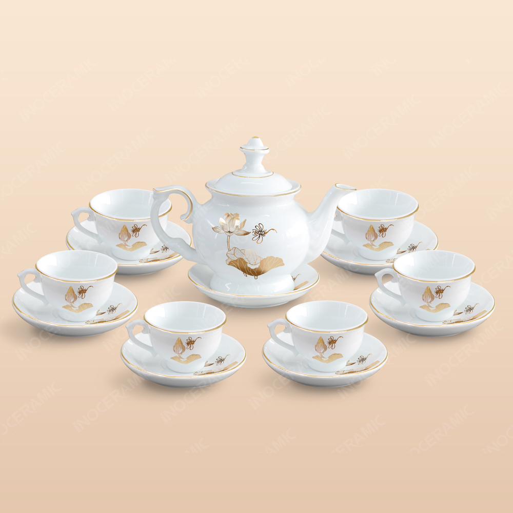 Bộ trà Đài Các sen vàng kẻ chỉ vàng - Mẫu 03 1 Bộ trà Đài Các sen vàng kẻ chỉ vàng - Mẫu 03