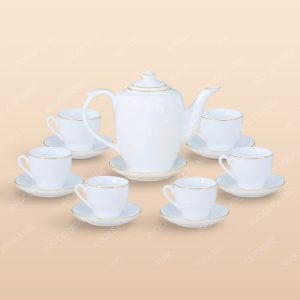 Bộ ấm dáng trống men trắng kẻ chỉ vàng in logo