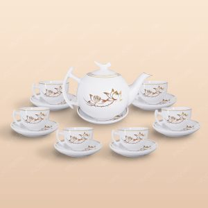 Bộ trà Bưởi cành sen vàng kẻ chỉ vàng - Mẫu 01