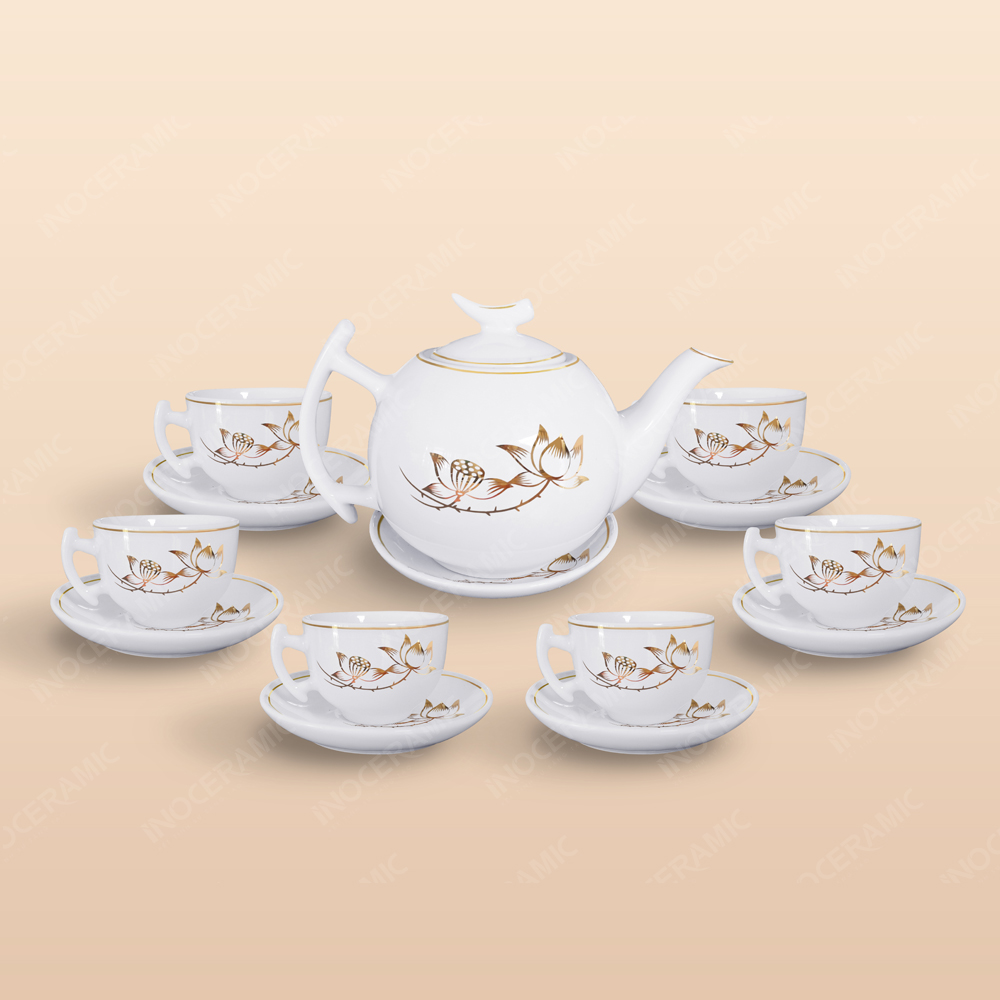 Bộ trà Bưởi cành sen vàng kẻ chỉ vàng - Mẫu 01 1 Bộ trà Bưởi cành sen vàng kẻ chỉ vàng - Mẫu 01