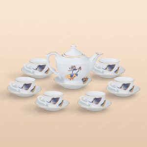 Bộ trà Thần đèn sen xanh cobalt kẻ chỉ vàng