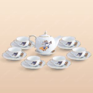 Bộ trà Mẫu Đơn sen xanh cobalt kẻ chỉ vàng