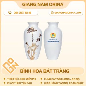 Bình hoa Bát Tràng vẽ sen vàng in logo
