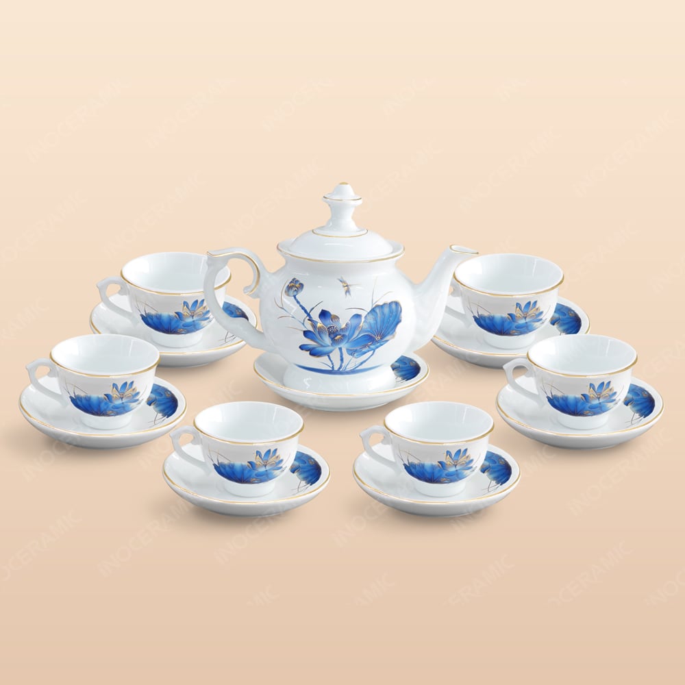 Bộ trà Đài Các sen chuồn xanh chỉ vàng 1 Bộ trà Đài Các sen chuồn xanh chỉ vàng