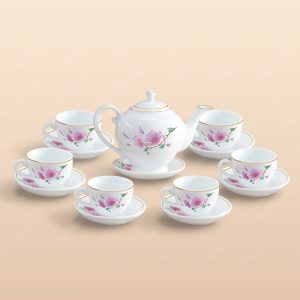 Bộ trà Camelia hoa đào hồng kẻ vàng