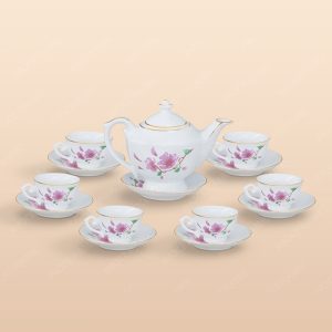 Bộ trà Đèn thần hoa đào hồng kẻ vàng