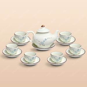 Bộ trà ba men ngà hoa đào xanh vẽ tay