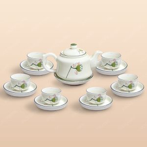 Bộ trà dáng siêu men ngà đài sen vẽ tay