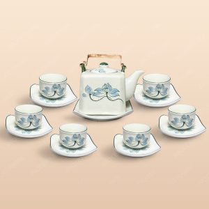 Bộ trà ấm vuông quai đồng men ngà sen xanh vẽ tay