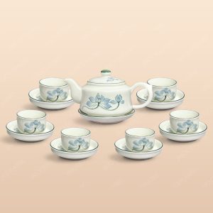 Bộ trà dáng siêu men ngà sen xanh vẽ tay