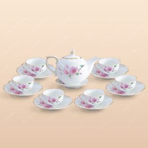 Bộ trà Mẫu Đơn hoa đào hồng kẻ vàng