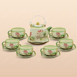 Bộ trà ấm vuông quai đồng men ngọc hồng liên vẽ tay