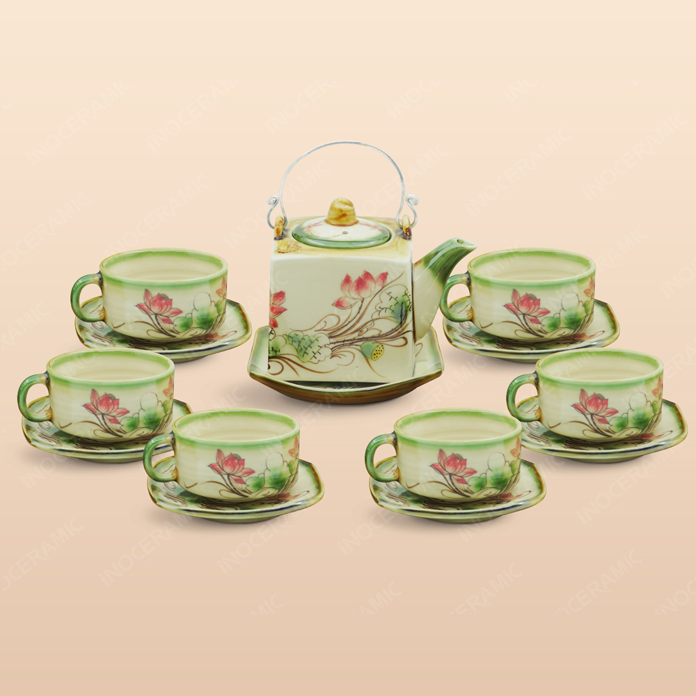 Bộ trà ấm vuông quai đồng men ngọc hồng liên vẽ tay 1 Bộ trà ấm vuông quai đồng men ngọc hồng liên vẽ tay