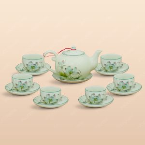 Bộ trà quai lượn men ngọc hoa sen vẽ tay