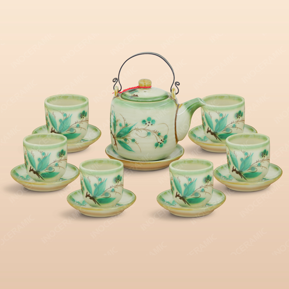 Bộ trà quai đồng men ngọc hoa trúc đào vẽ tay 1 Bộ trà quai đồng men ngọc hoa trúc đào vẽ tay