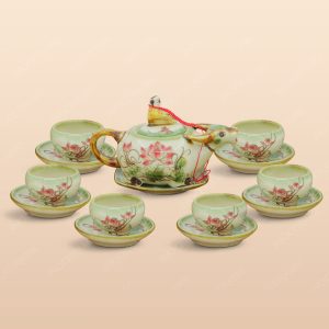 Bộ trà Mục đồng cưỡi trâu men ngọc vẽ sen