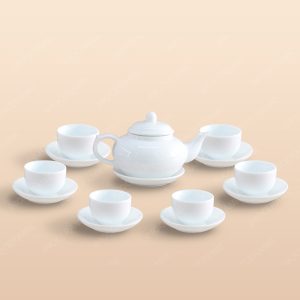Bộ ấm trà ba men trắng in logo
