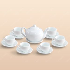 Bộ trà quai lượn men trắng in logo