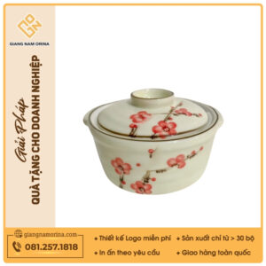 Bát nắp - Bộ bàn ăn men kem vẽ Đào đỏ