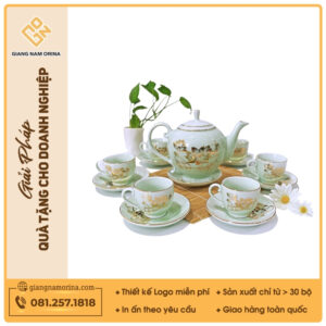 Bộ ấm trà Camelia men ngọc sen vàng kẻ chỉ vàng - Mẫu 03