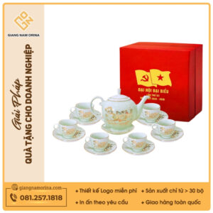Bộ ấm trà Camelia men ngọc sen vàng kẻ vàng