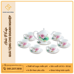 Bộ ấm trà Camelia sen hồng kẻ chỉ vàng