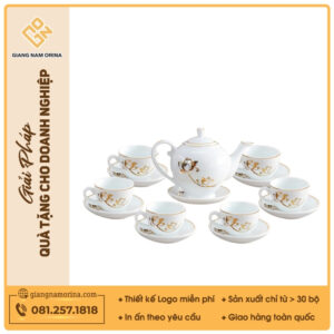 Bộ ấm trà Camelia sen vàng kẻ chỉ vàng - Mẫu 01