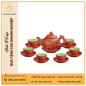 Bộ ấm trà Châu Hoa tử sa đỏ đắp nổi phù dung