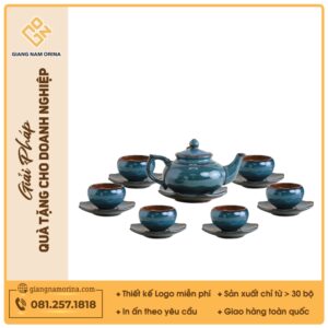 Bộ ấm trà Châu Sa bảo bình men lam hoả biến