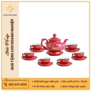Bộ ấm trà Đài Các men đỏ Thuận buồm kẻ chỉ vàng