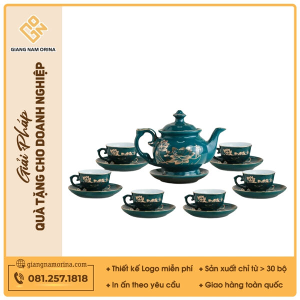 Bộ ấm trà Đài Các men lam sen vàng kẻ chỉ vàng - Mẫu 03
