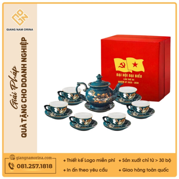 Bộ ấm trà Đài Các men lam sen vàng kẻ vàng
