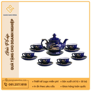 Bộ ấm trà Đài Các men tím than Thuận buồm kẻ chỉ vàng