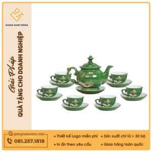 Bộ ấm trà Đài Các miệng lượn men lục sen chuồn vẽ vàng