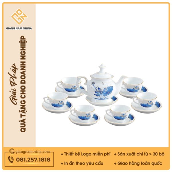 Bộ ấm trà Đài Các sen chuồn xanh chỉ vàng