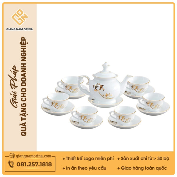 Bộ ấm trà Đài Các sen vàng kẻ chỉ vàng - Mẫu 01