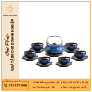 Bộ ấm trà Giang Tây lòng hoa men lam hoả biến