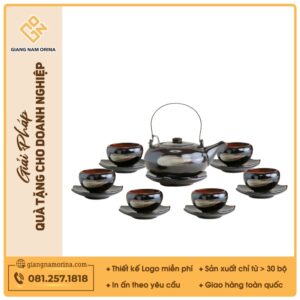 Bộ ấm trà Giang Tây lòng hoa men nâu hoả biến