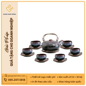 Bộ ấm trà Giang Tây lòng hoa thạch nhũ men nâu hoả biến