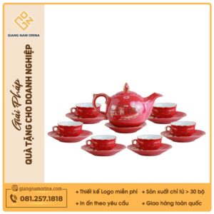 Bộ ấm trà Mẫu Đơn men đỏ Hào gia phú quý vẽ vàng
