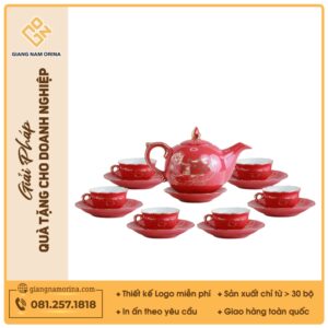 Bộ ấm trà Mẫu Đơn men đỏ sen vàng vẽ vàng