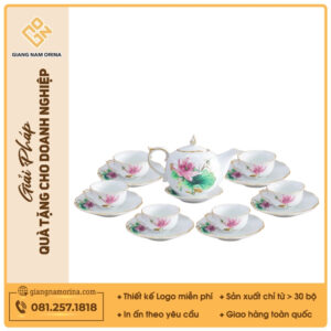 Bộ ấm trà Mẫu Đơn sen hồng kẻ chỉ vàng