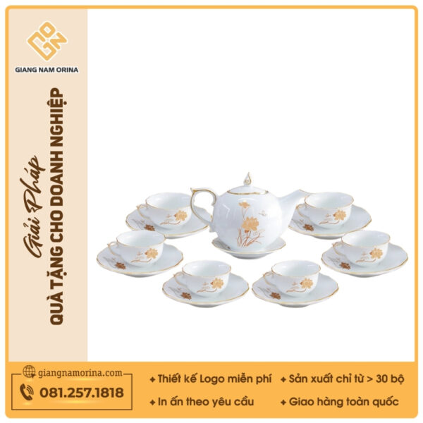 Bộ ấm trà Mẫu Đơn sen vàng kẻ chỉ vàng - Mẫu 05