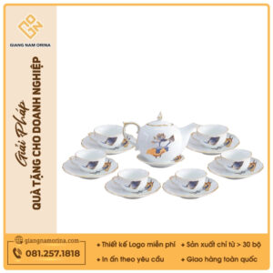 Bộ ấm trà Mẫu Đơn sen xanh cobalt kẻ chỉ vàng