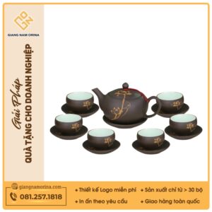 Bộ ấm trà Minh Nguyệt hồng sa nâu vẽ sen vàng