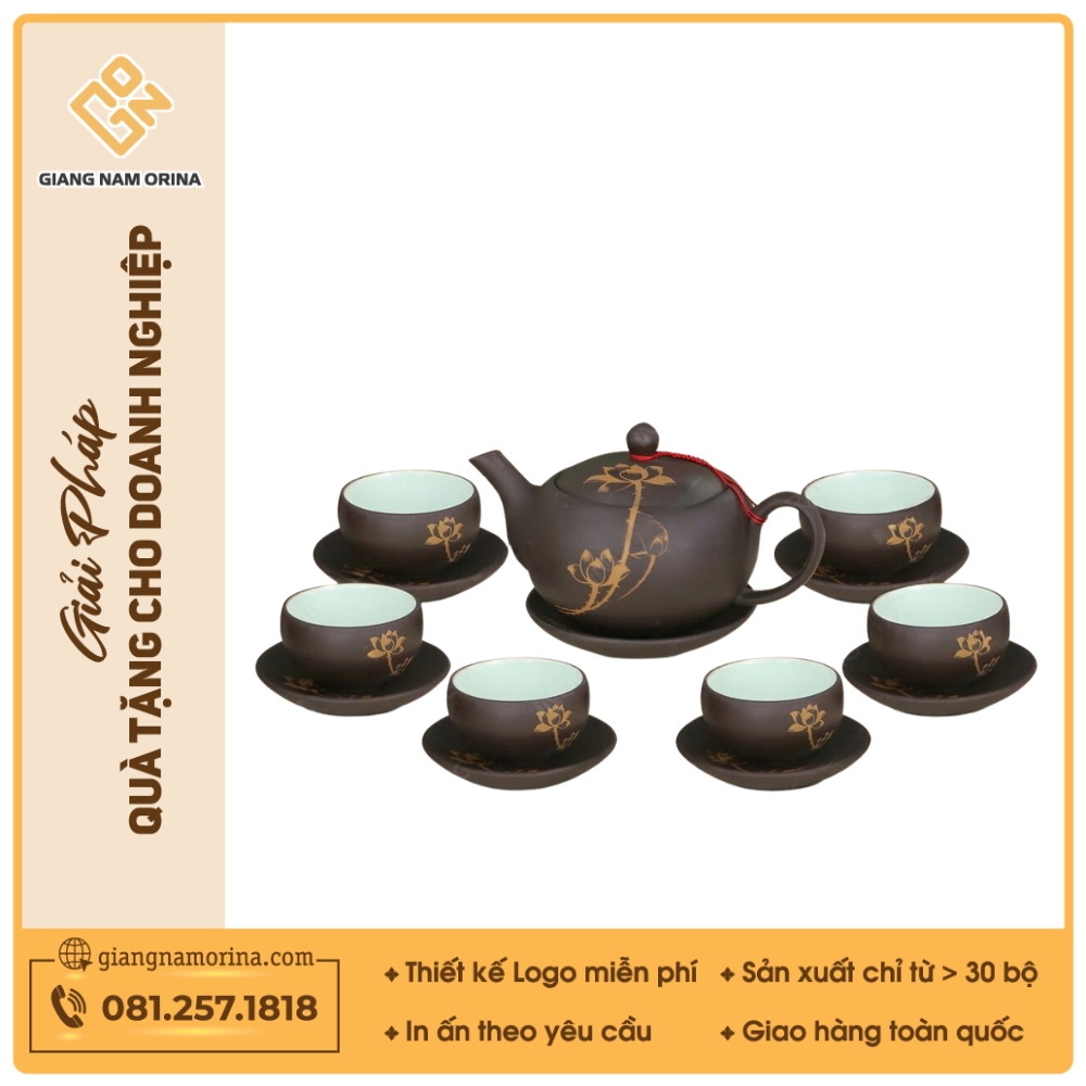 Bộ ấm trà Minh Nguyệt hồng sa nâu vẽ sen vàng 1 Bộ ấm trà Minh Nguyệt hồng sa nâu vẽ sen vàng